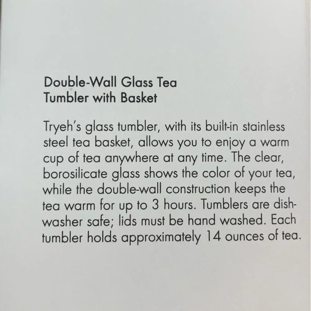 New TRYEH Double-Wall Glass Travel Tumbler W/Removable Tea Infuser Basket 14 oz